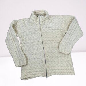 Carraig Donn Women's Merino Wool Ireland Cable Knit Zip Sweater Cardigan M Ivory